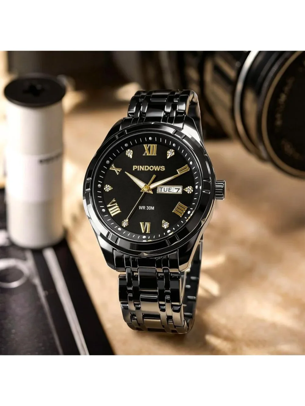 Men's Black Classic Quartz Watch Stainless Steel Diamond Dial Wrist Watches
